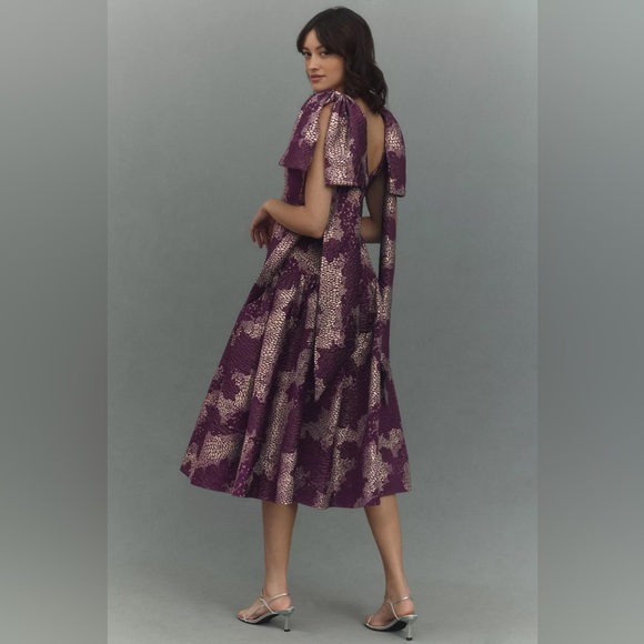 BHLDN Violet Jacquard Shoulder-Tie Fit & Flare Midi Dress Anthropologie